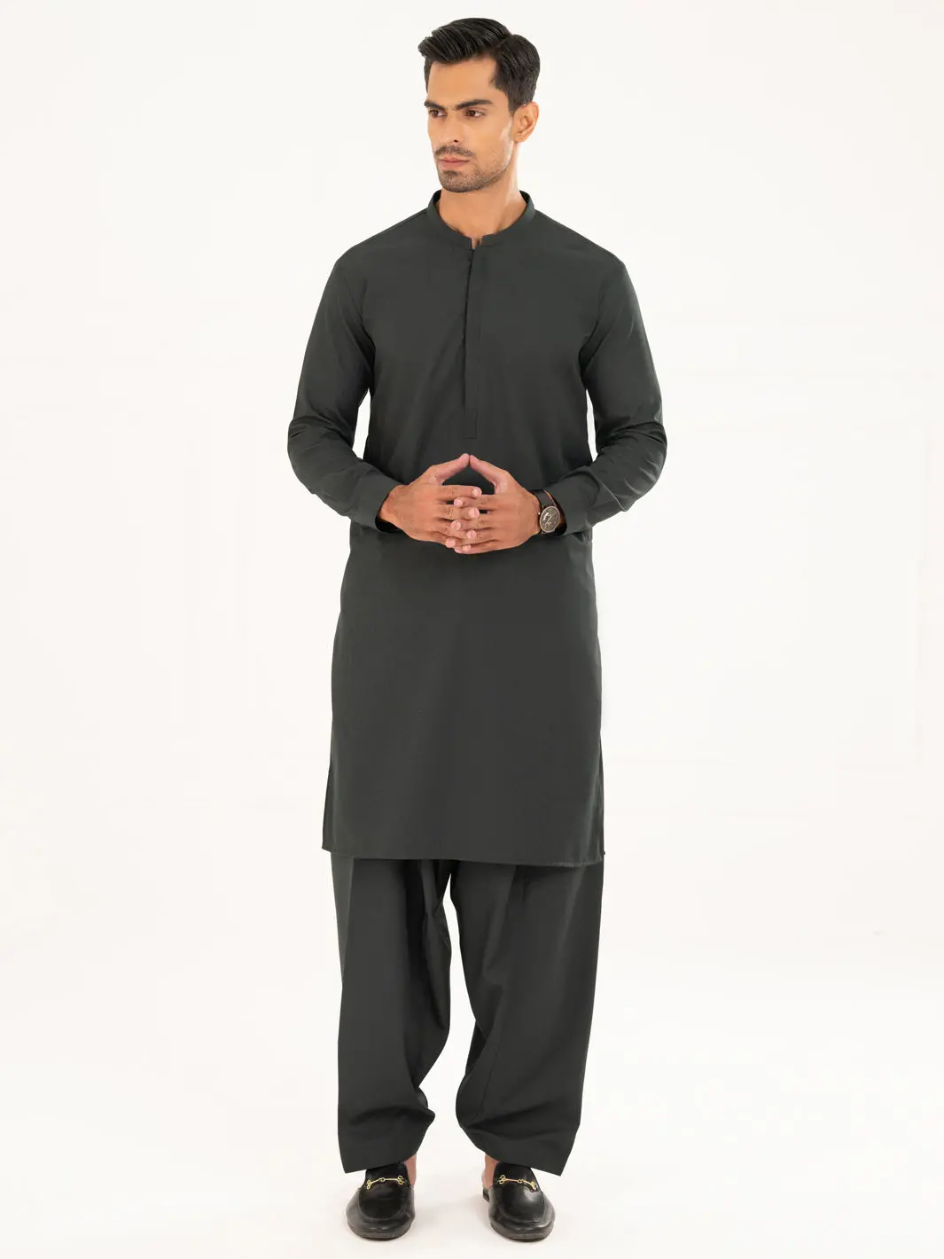 Dark Green Plain Kameez Shalwar - Al-Ks-3315 1