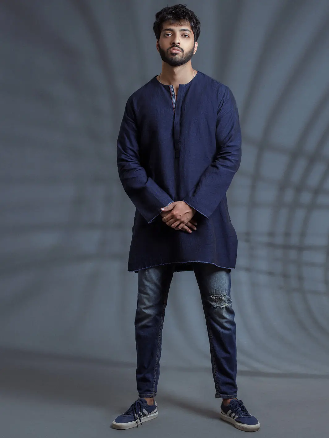 Dark Blue Linen Short Kurta - Alcr-K-006 1
