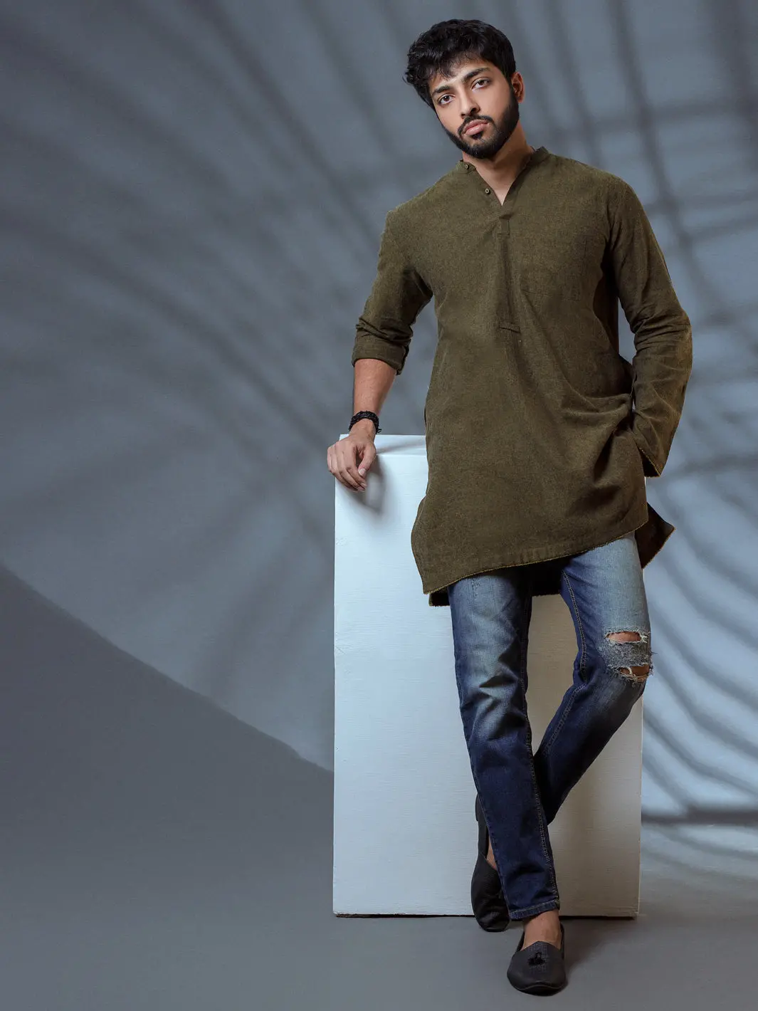 Green Linen Short Kurta - Alcr-K-008 1