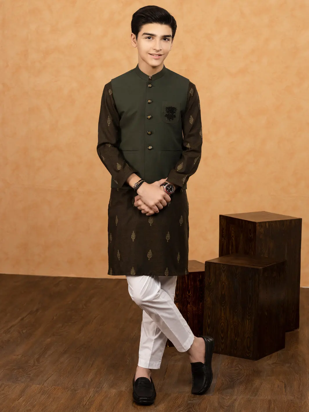 Dark Green Blended Boy Waistcoat - Alt-Wc-010B 1