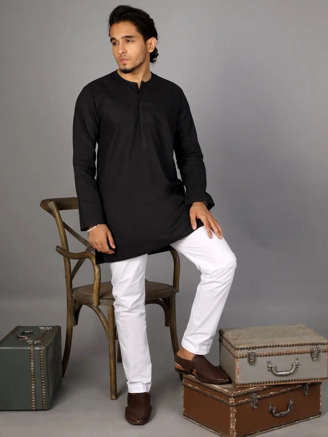 Black Linen Short Kurta - Alcr-K-015 1