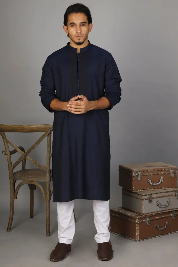 Dark Blue Cotton Silk Formal Kurta - Al-K-Sp-024A 1