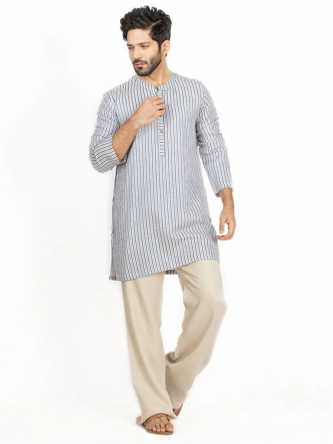 Blue & White Linen Short Kurta - Alcr-K-028 1