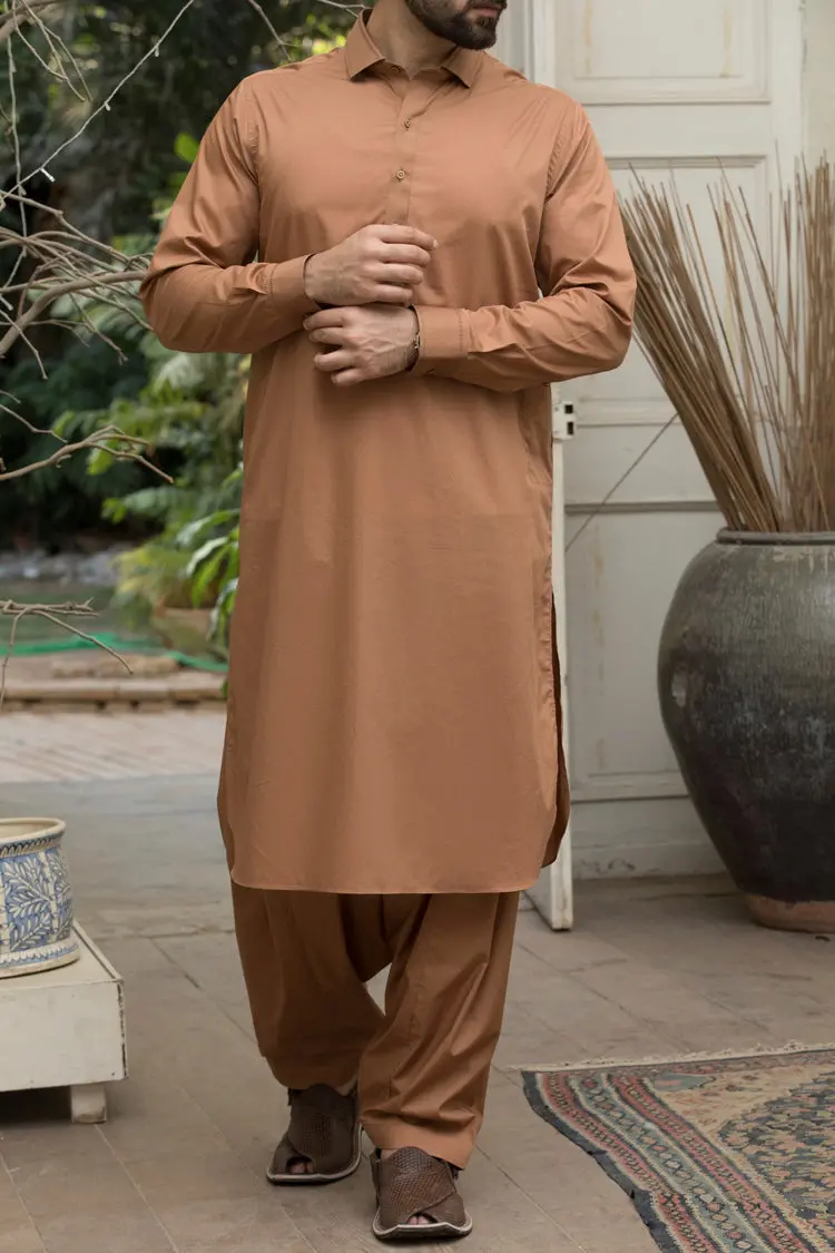 Sand Colored Cotton Kameez Shalwar - Alwa-Ks-078 1