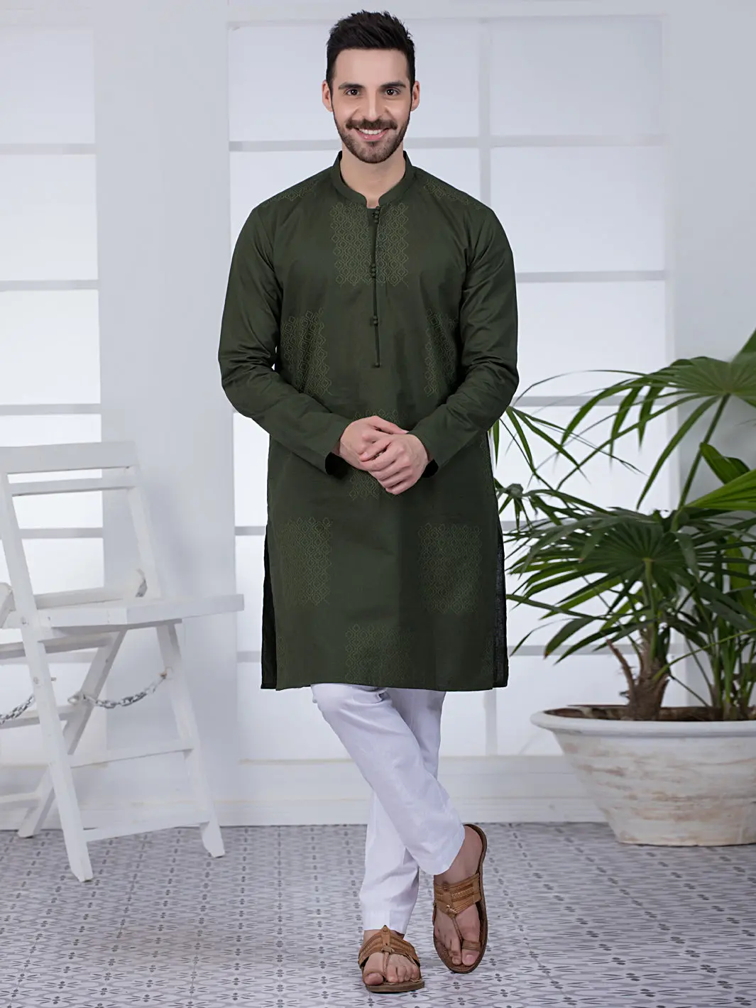 Olive Green Cotton Kurta - Al-K-1019 1