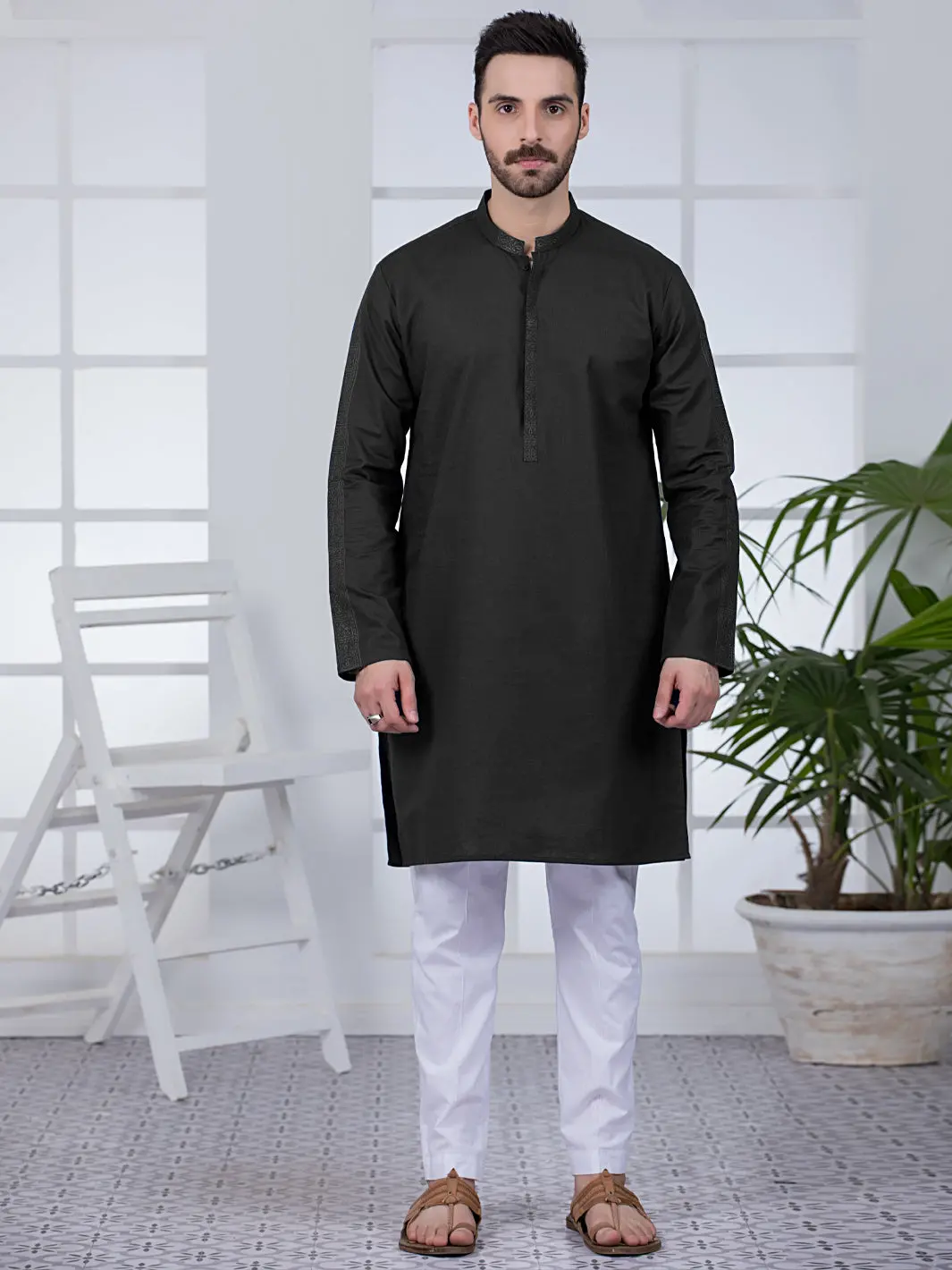 Black Cotton Kurta - Al-K-1022 1