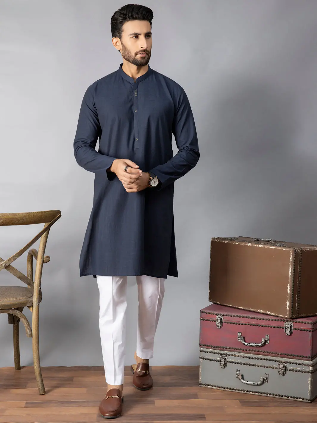 Navy Blue Blended Kurta - Al-K-1080 1
