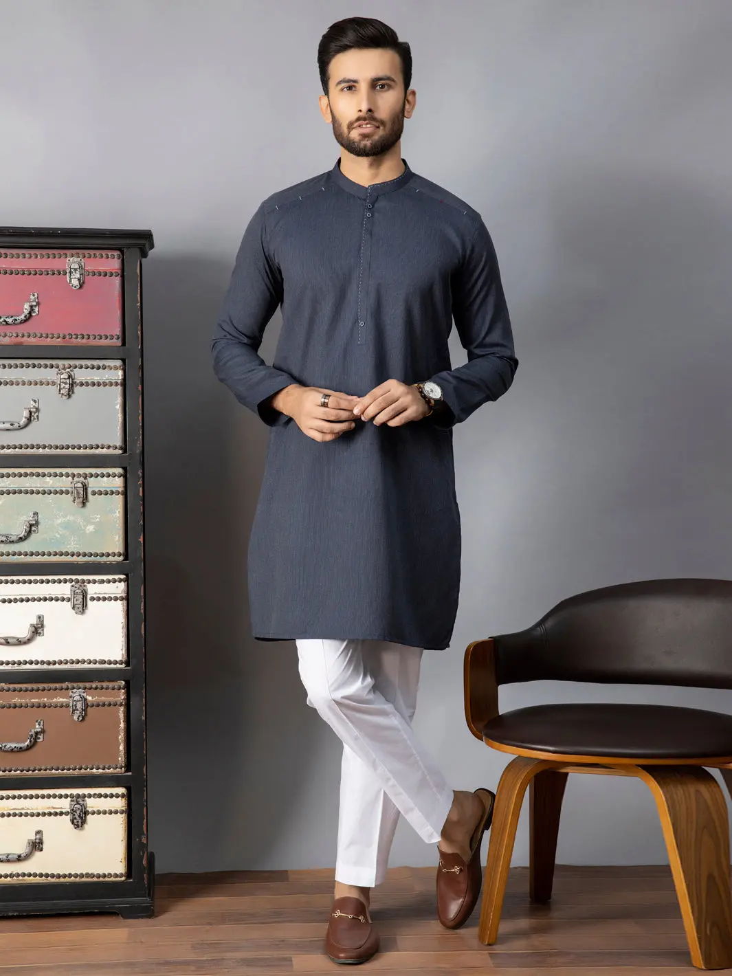 Navy Blue Blended Kurta - Al-K-1086B 1