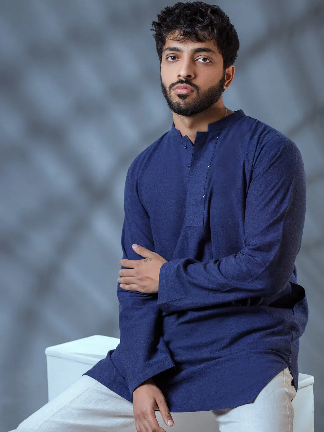 Blue Linen Short Kurta - Alcr-K-010 2