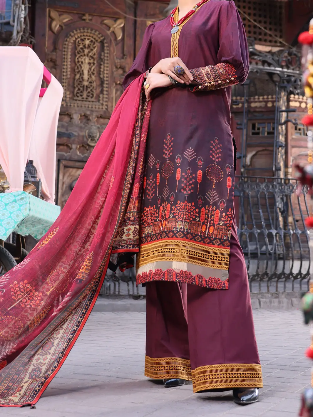 Maroon Lawn 3Pc Unstitched - Alp-3Ps-1124 1