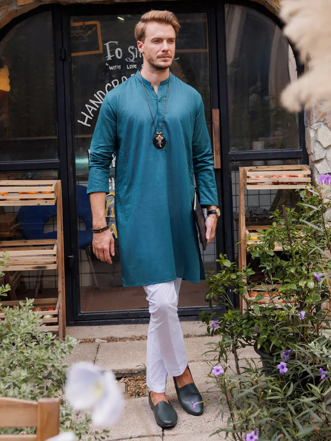 Teal Blue Cotton Kurta - Al-K-1146A 1