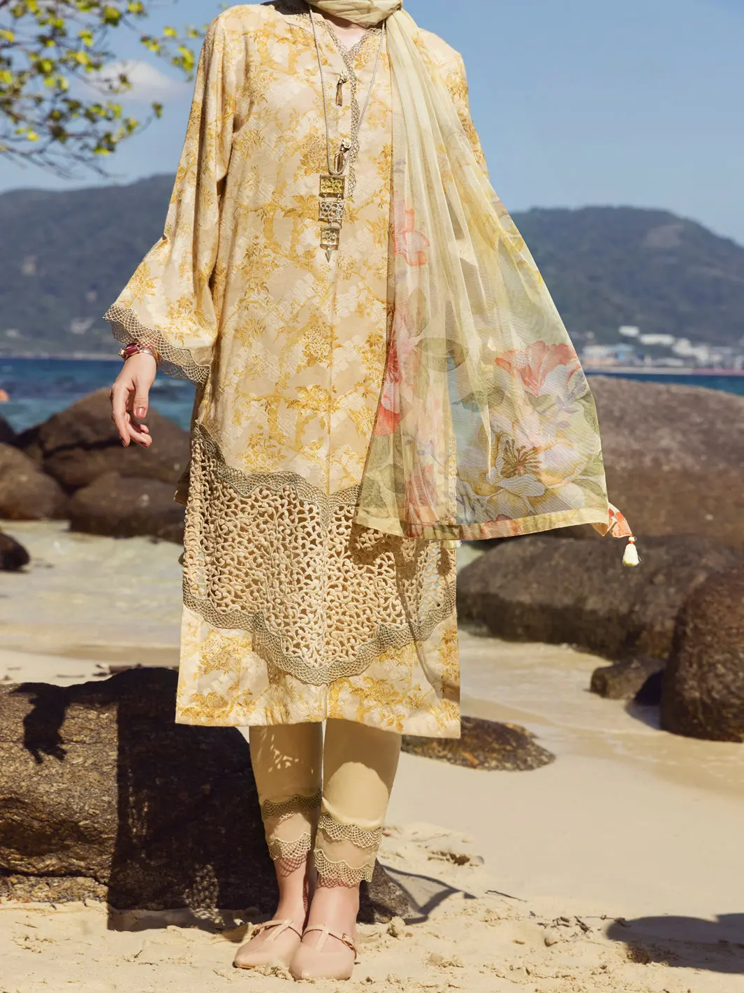 Golden Cotton Jacquard 3Pc Unstitched - Alp-3Ps-1155 1