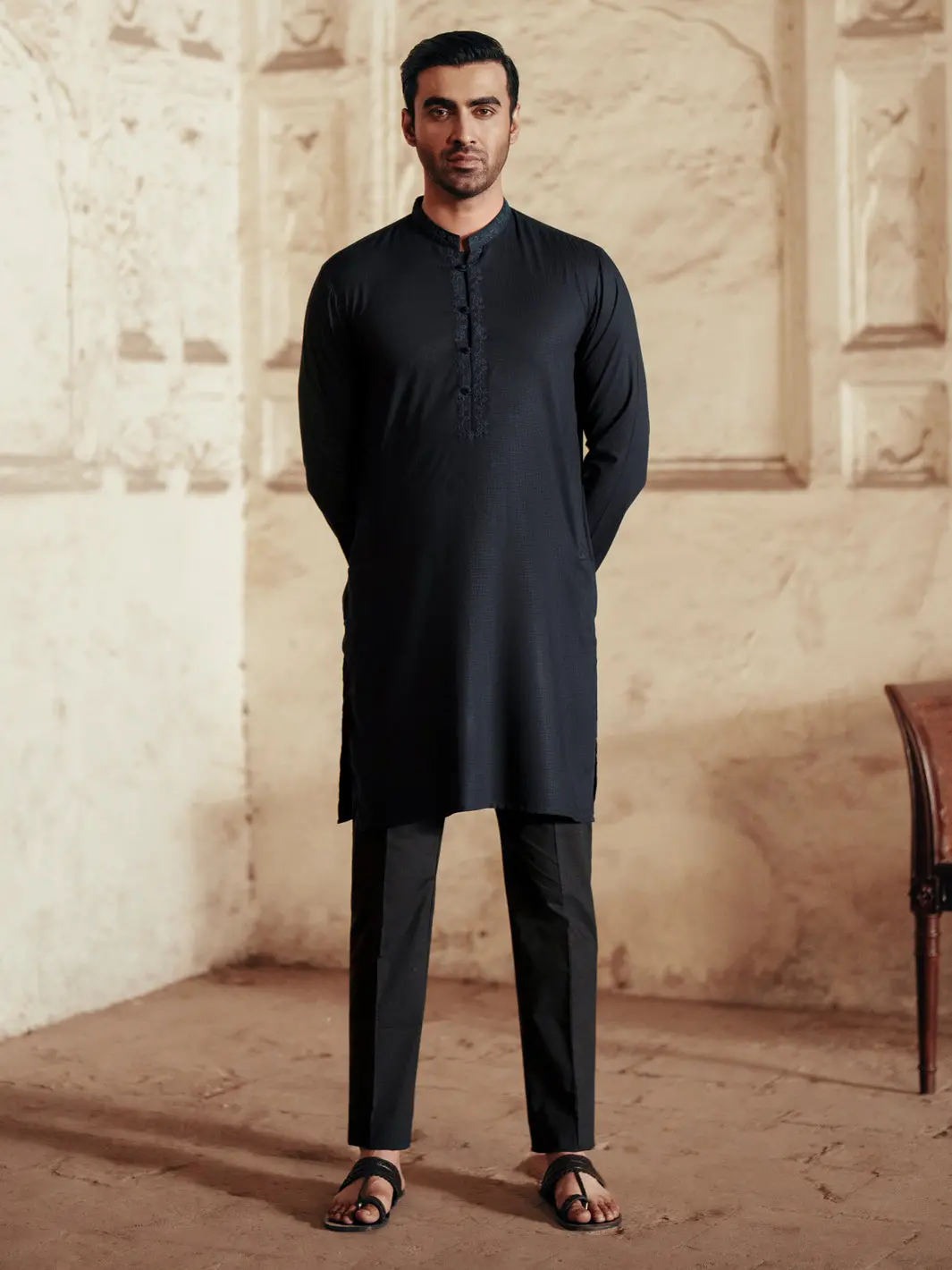 Navy Blue Blended Kurta - Al-K-1157B 1