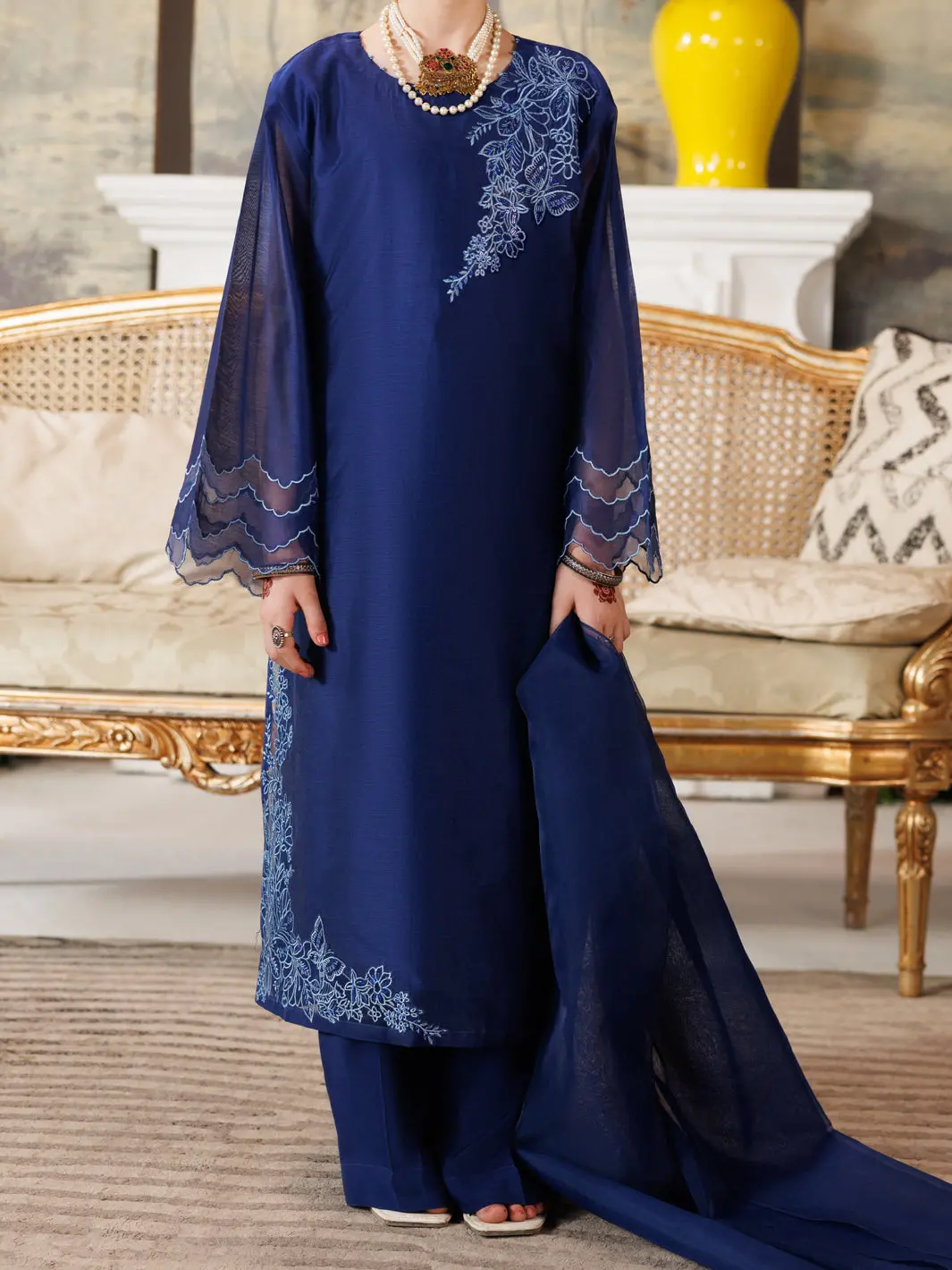 Blue Paper Cotton Formal 3Pc Stitched - Alt-3Ps-Ls-1167 1