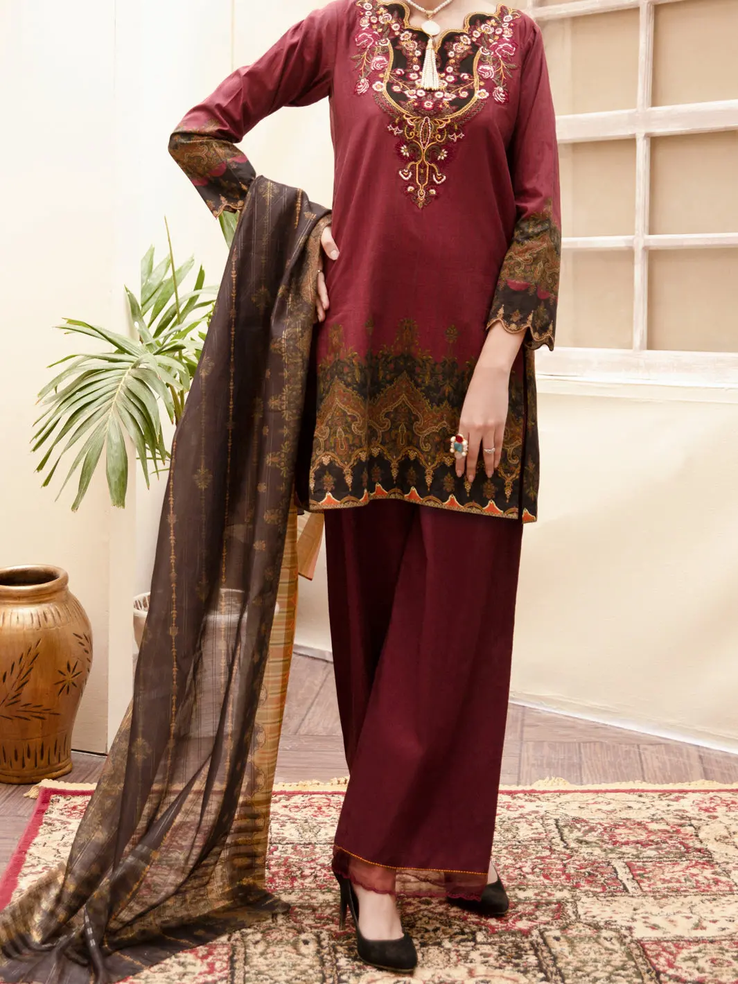 Maroon Cambric 3Pc Unstitched - Alp-3Ps-1178 1