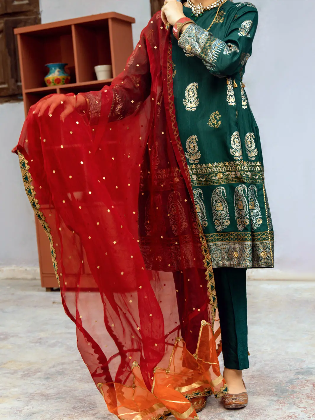 Green Silk 3Pc Stitched - Alp-3Ps-1195 1