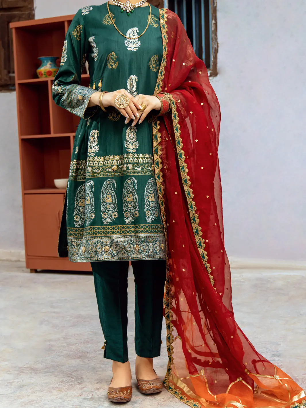Green Silk 3Pc Unstitched - Alp-3Ps-1195 1