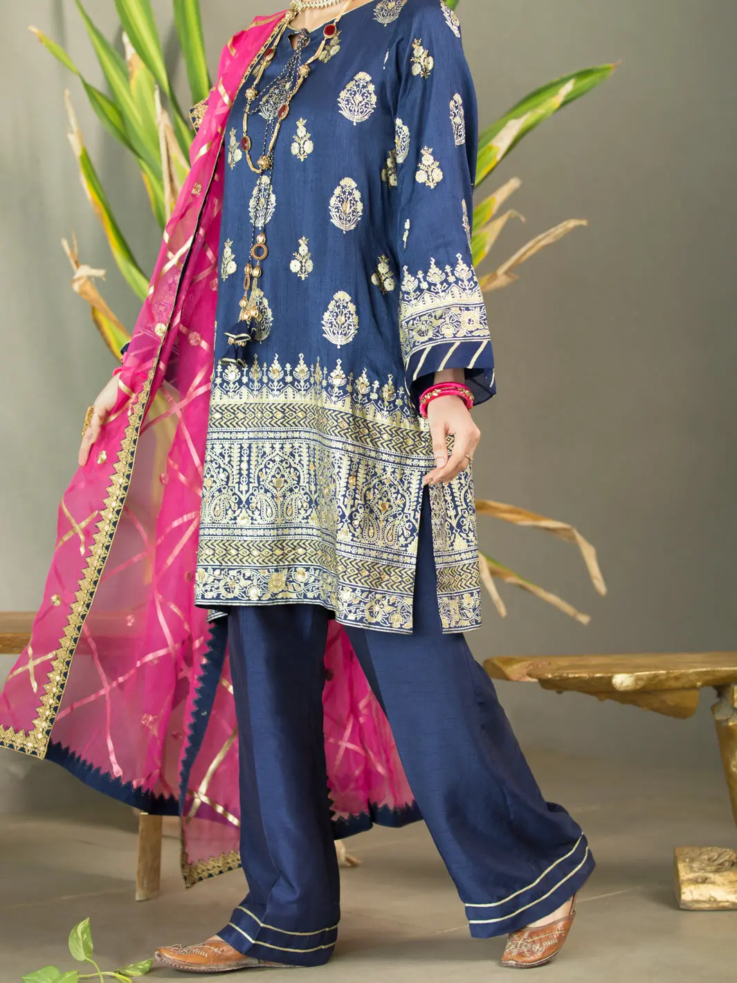 Blue Silk 3Pc Unstitched - Alp-3Ps-1196 1