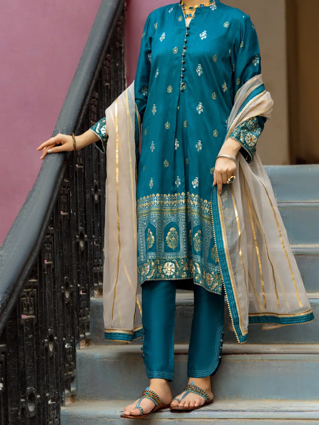 Teal Silk 3Pc Unstitched - Alp-3Ps-1197 1