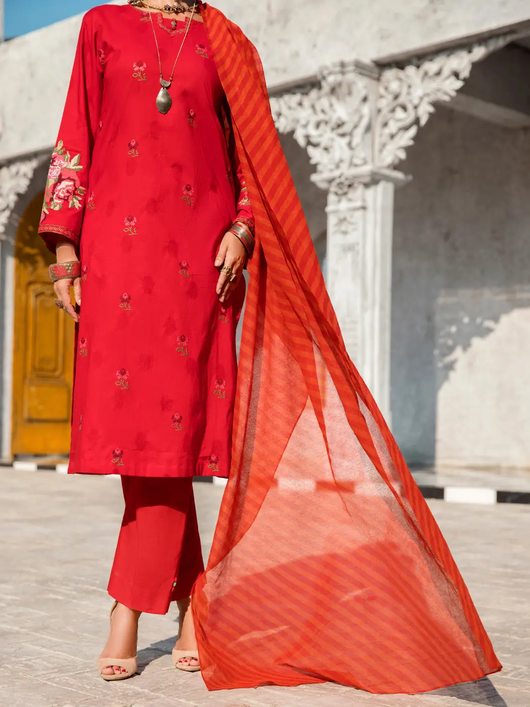 Red Self-Jacquard 3Pc Unstitched - Alp-3Ps-1260 1