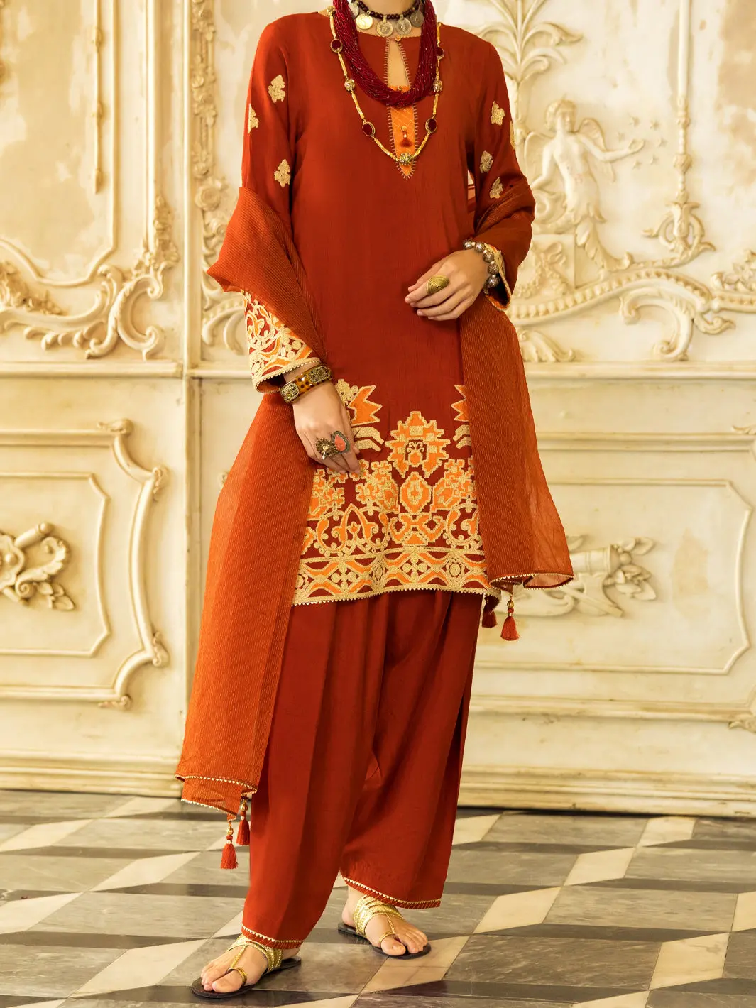 Rust Raw Silk 3Pc Stitched - Alp-3Ps-1278 1