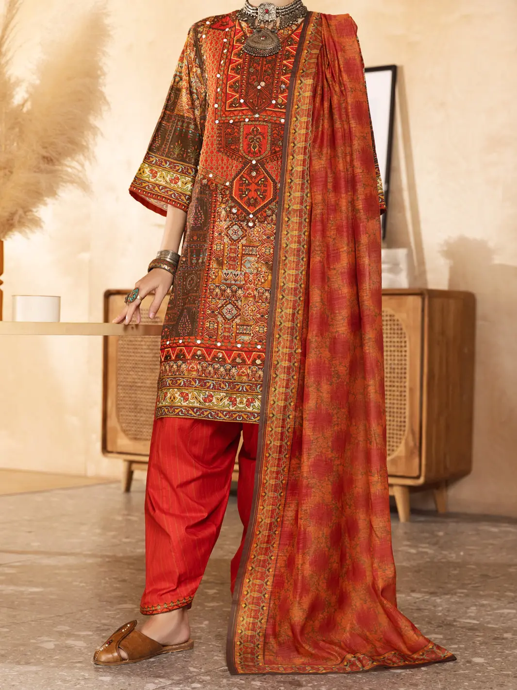 Red Lurex Jacquard 3Pc Unstitched - Alp-3Ps-1299 1