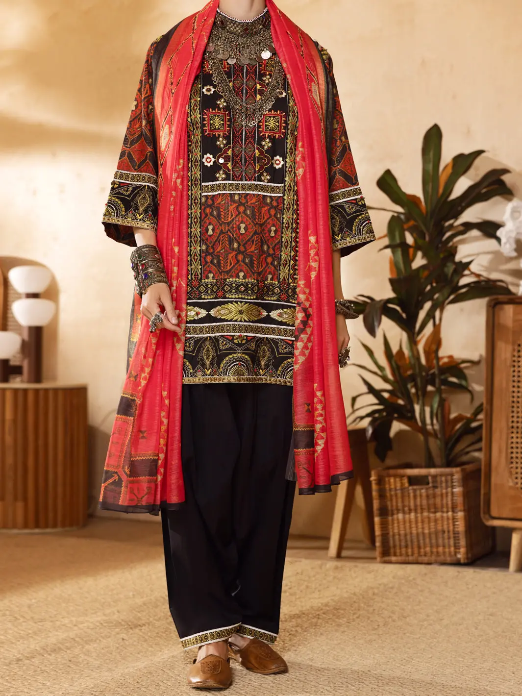 Red Lurex Jacquard 3Pc Unstitched - Alp-3Ps-1300 1