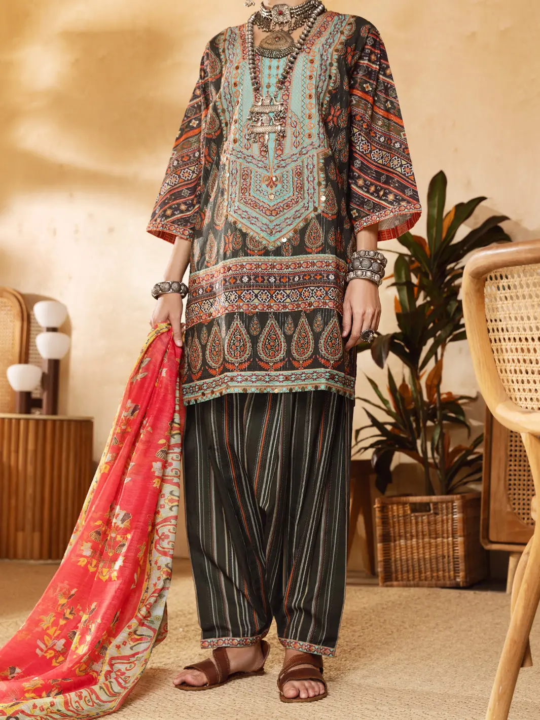 Green Hand-Woven Lurex 3Pc Stitched - Alp-3Ps-1302 1