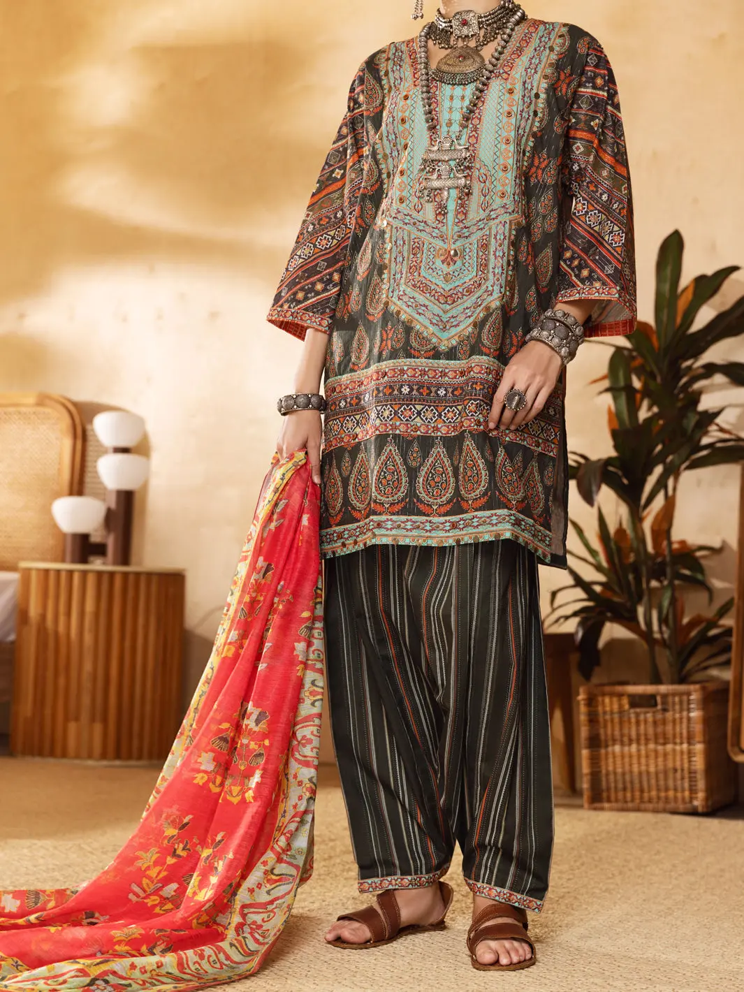 Green Lurex Jacquard 3Pc Unstitched - Alp-3Ps-1302 1