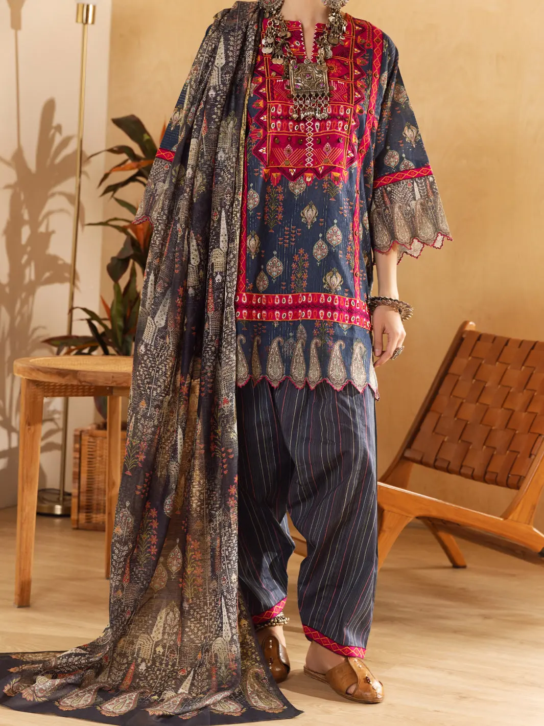 Blue Lurex Jacquard 3Pc Unstitched - Alp-3Ps-1303 1