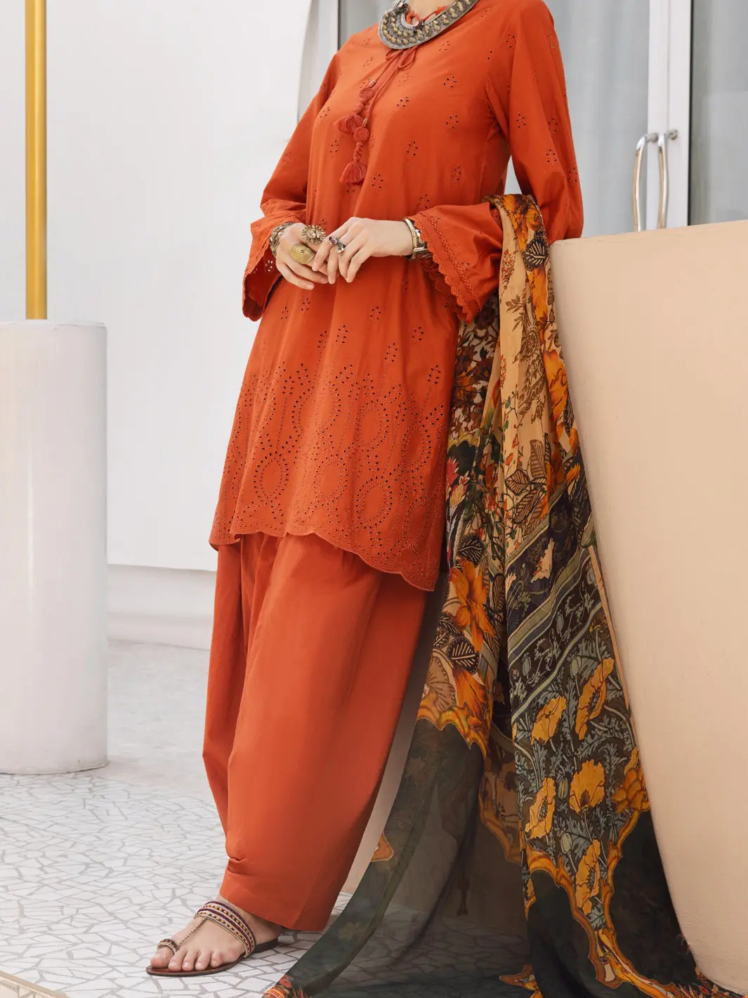 Orange Dobby Schiffli 3Pc Unstitched - Alp-3Ps-1316 1