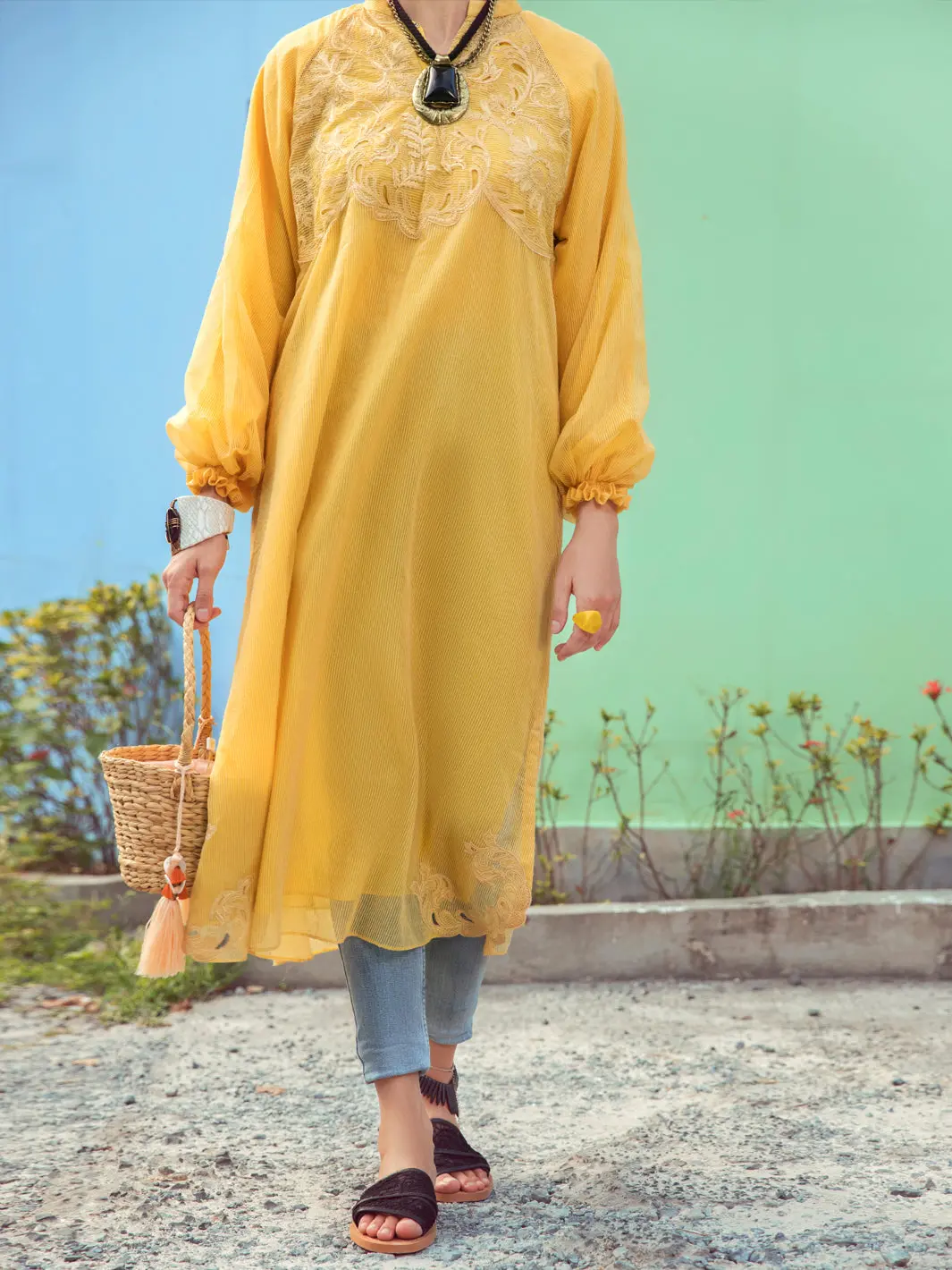 Yellow Khaddi Net Tunic - Alp-Lk-1355 1