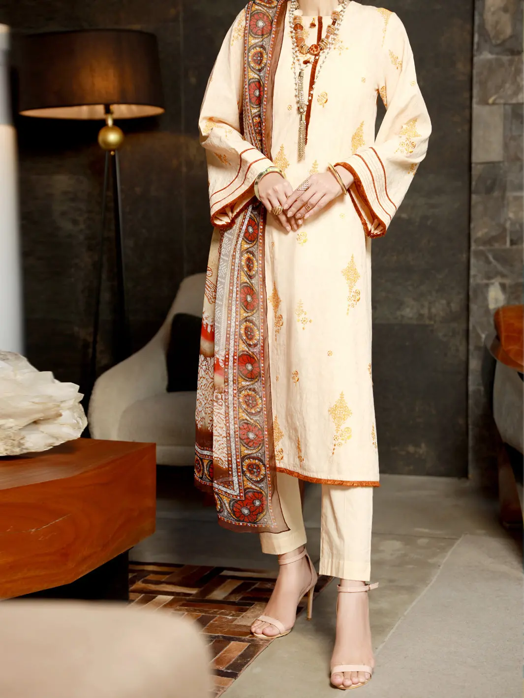 Cream Jacquard 3Pc Stitched - Alp-3Ps-1392 1