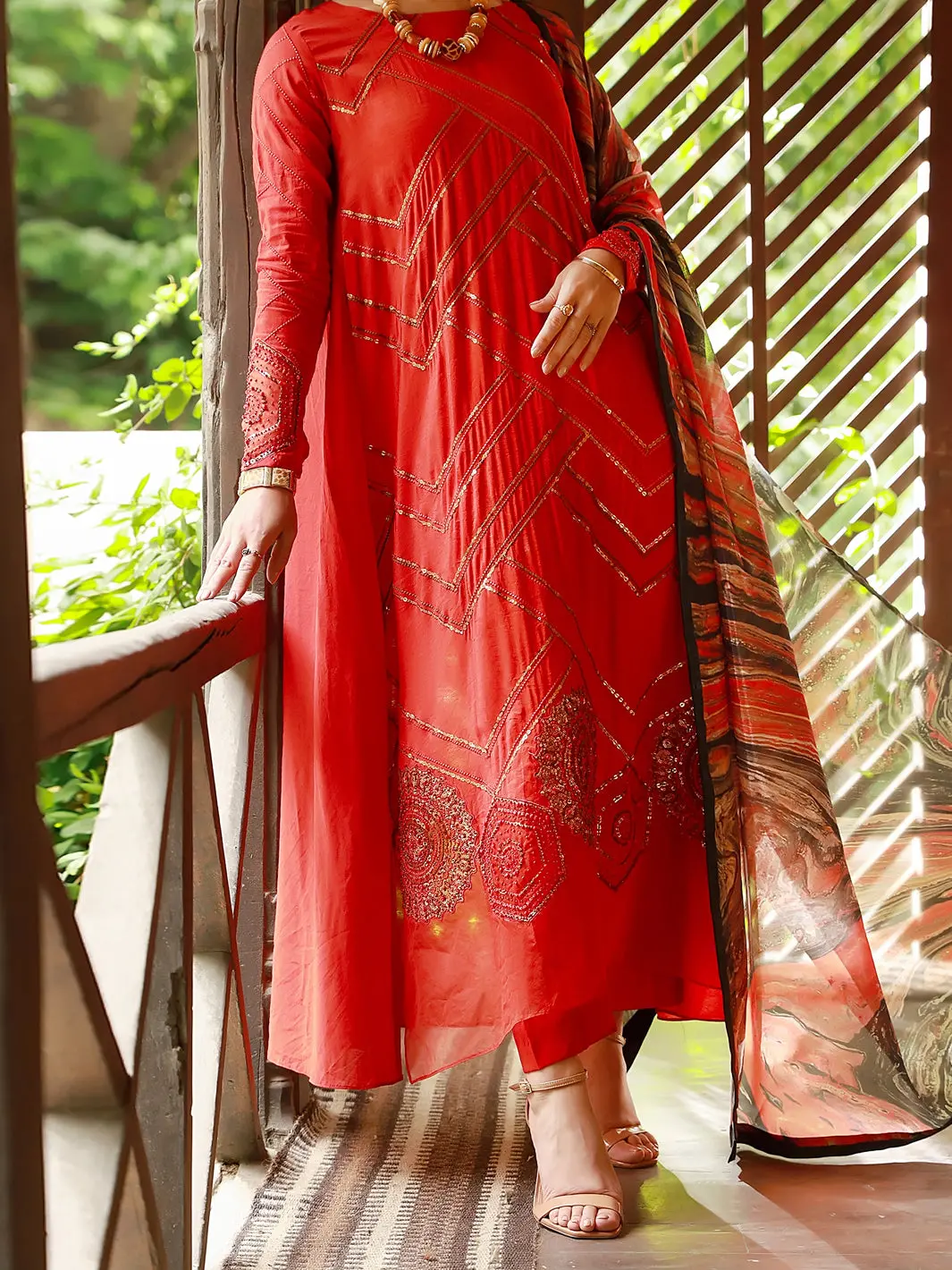 Orange Chanderi 3Pc Unstitched - Alp-3Ps-1407 1