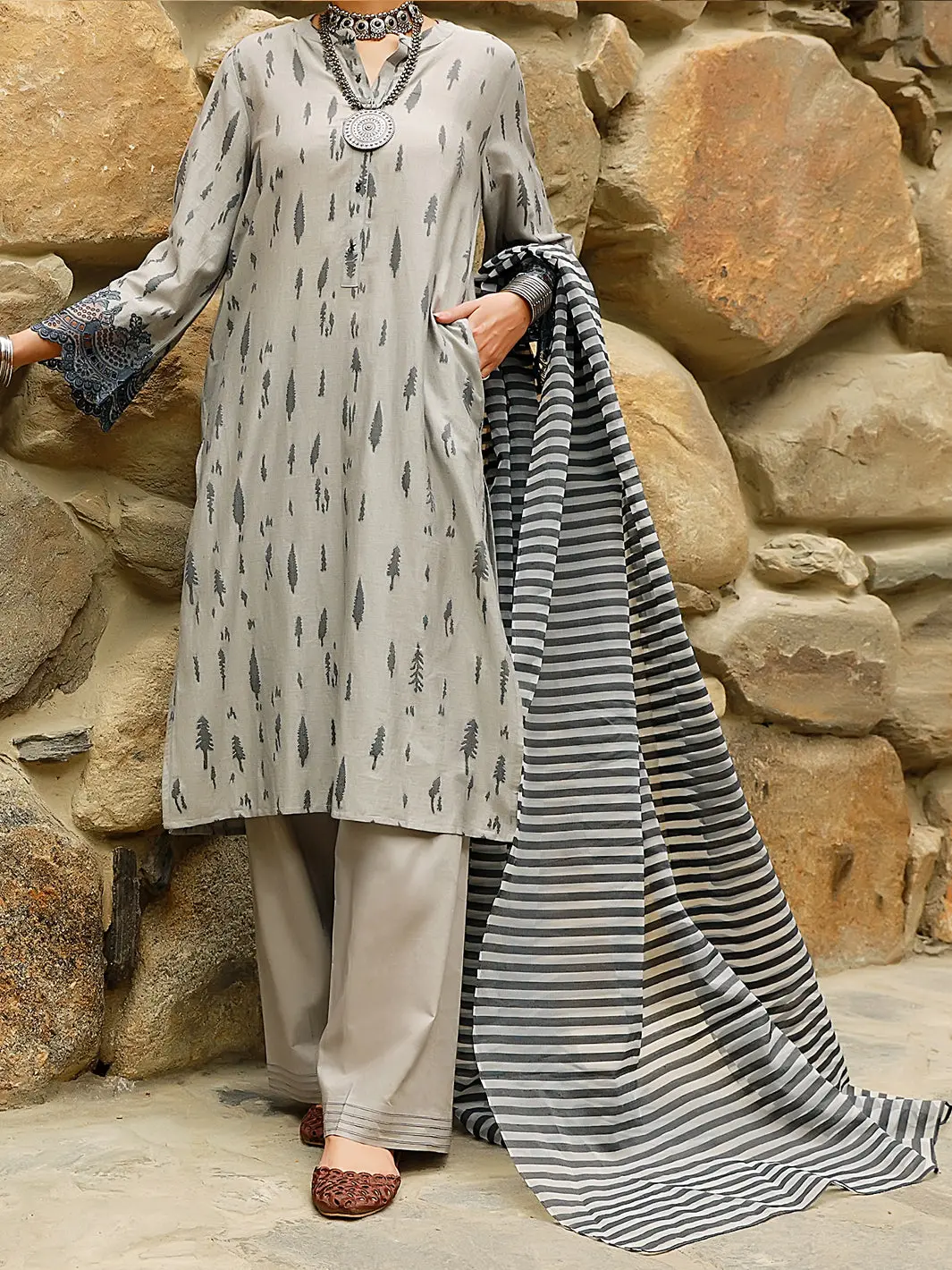 Grey Yarn-Dyed 3Pc Unstitched - Alp-3Ps-1414 1