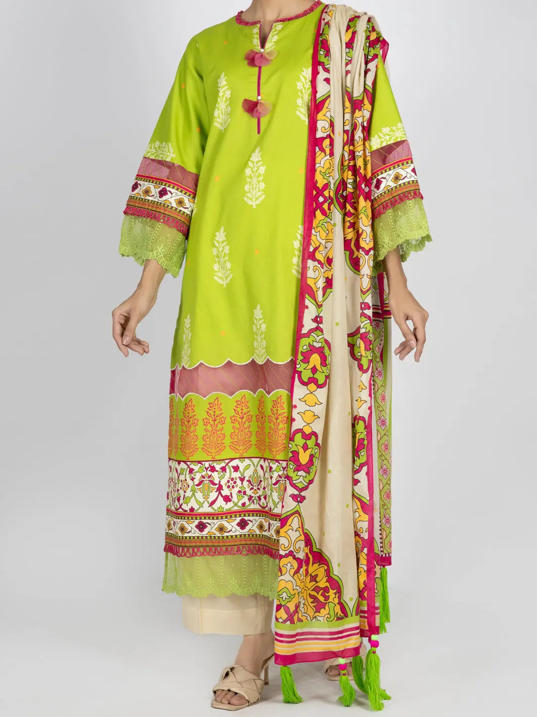 Lime Green Printed 3Pc Unstitched - Alp-3Ps-1483 1