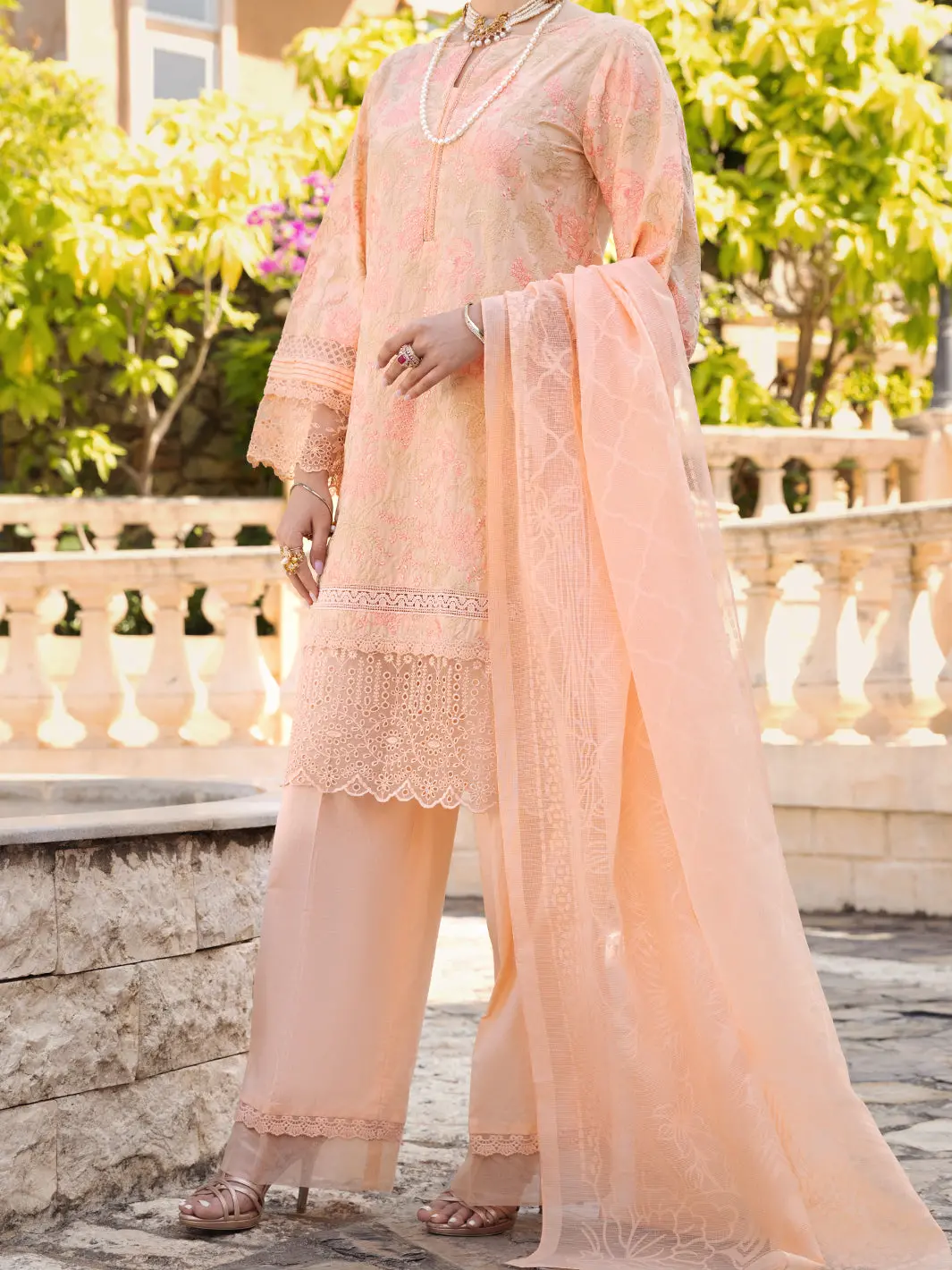 Peach Schiffli Lawn 3Pc Unstitched - Alp-3Ps-1589 1