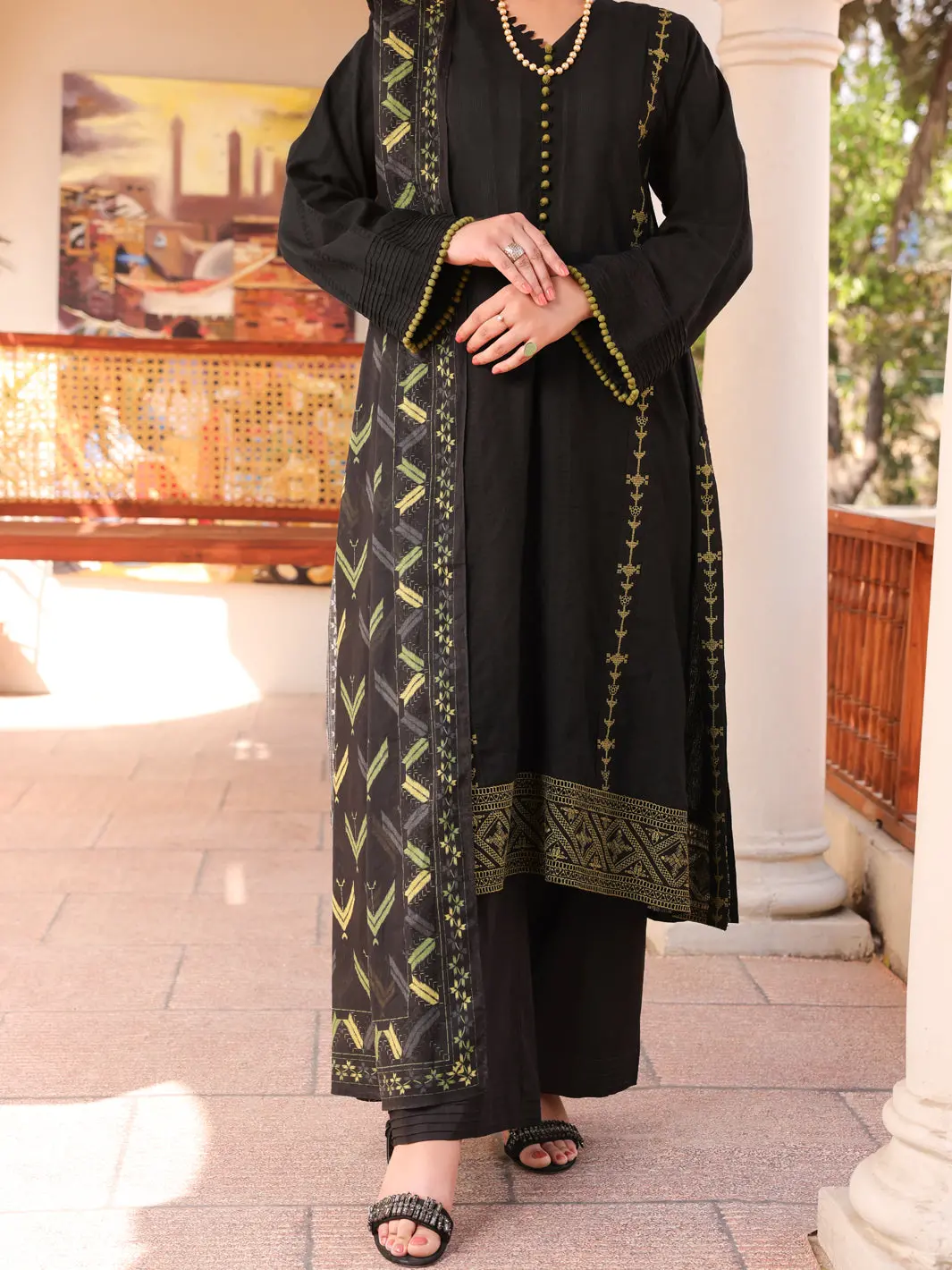 Black Dobby Lino Kara 3Pc Stitched - Alp-3Ps-1671 1