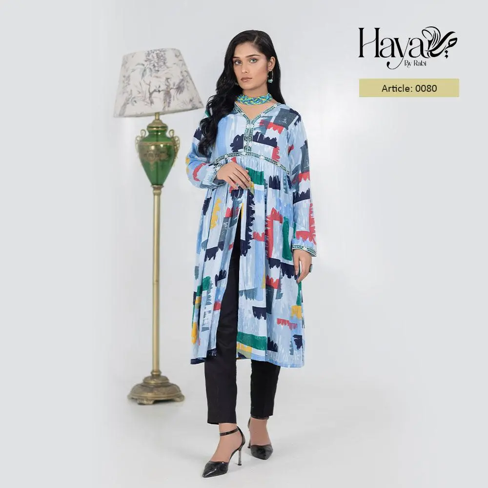 Blue Abstract Print Embroidered Kurti 1