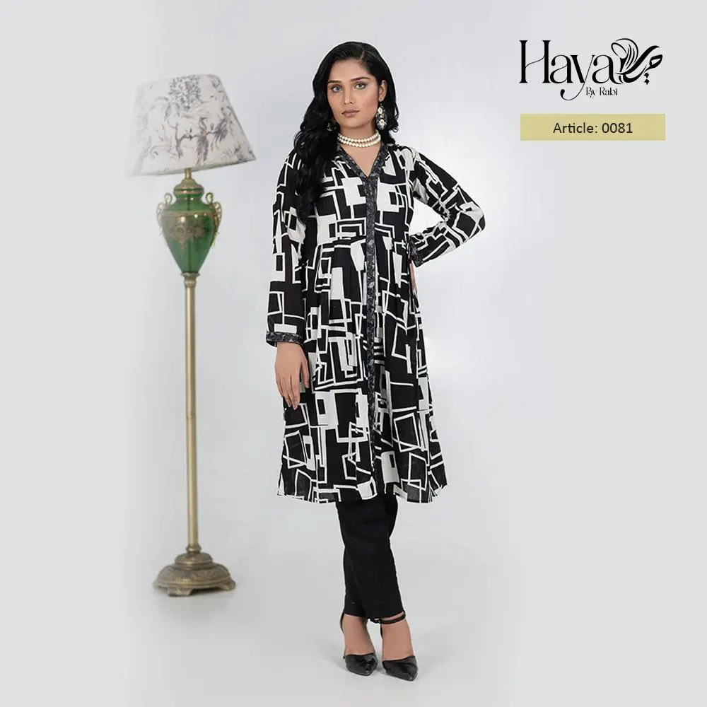 Black White Abstract Print Embroidered Kurti 1