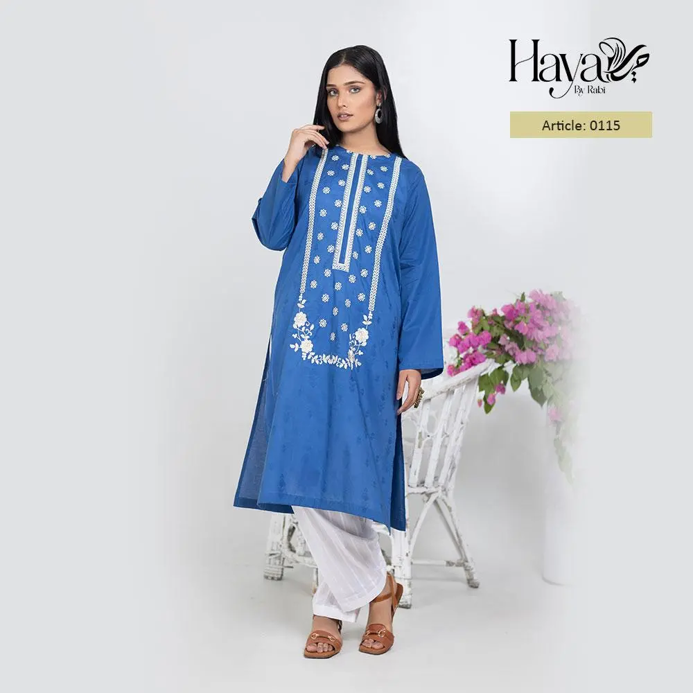 Blue Kurti White Golden Embroidery 1