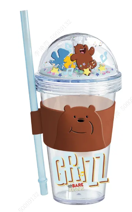We Bare Bears Seaside Music Festival Glitter Plastic Bottle With Straw And Sleeve (420Ml) (Grizz) 1