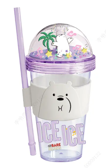We Bare Bears Seaside Music Festival Glitter Plastic Bottle With Straw And Sleeve (420Ml)(Ice Bear) 1