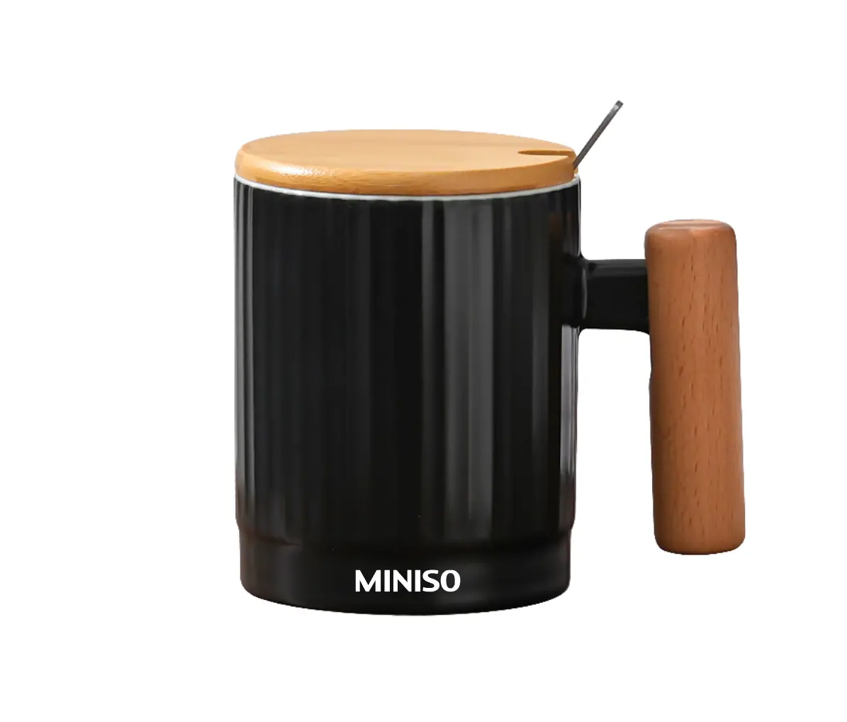 Wood Grain Ceramic Mug With Lid And Spoon 370Ml(Black) 1