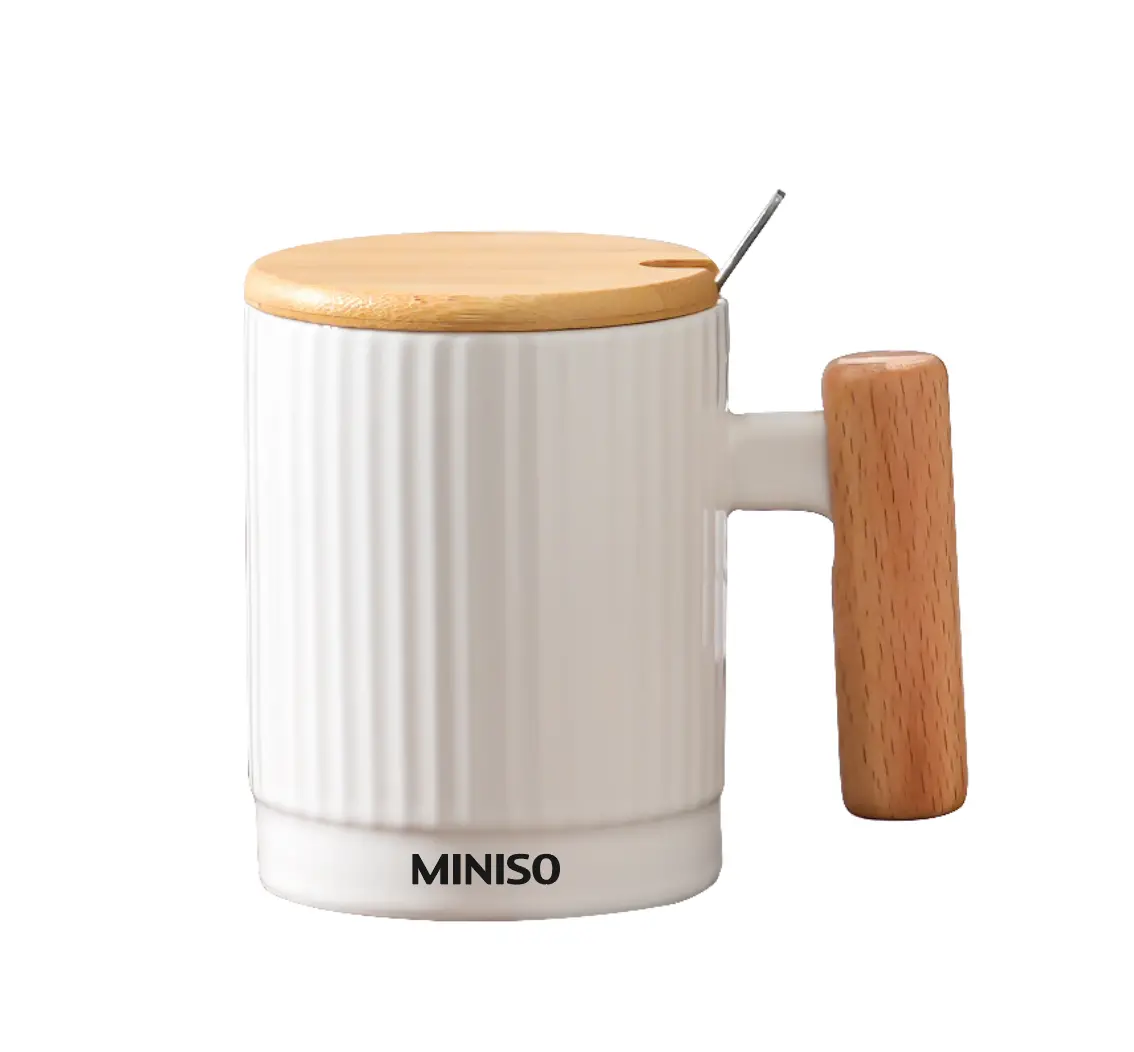 Wood Grain Ceramic Mug With Lid And Spoon 370Ml(White) 1