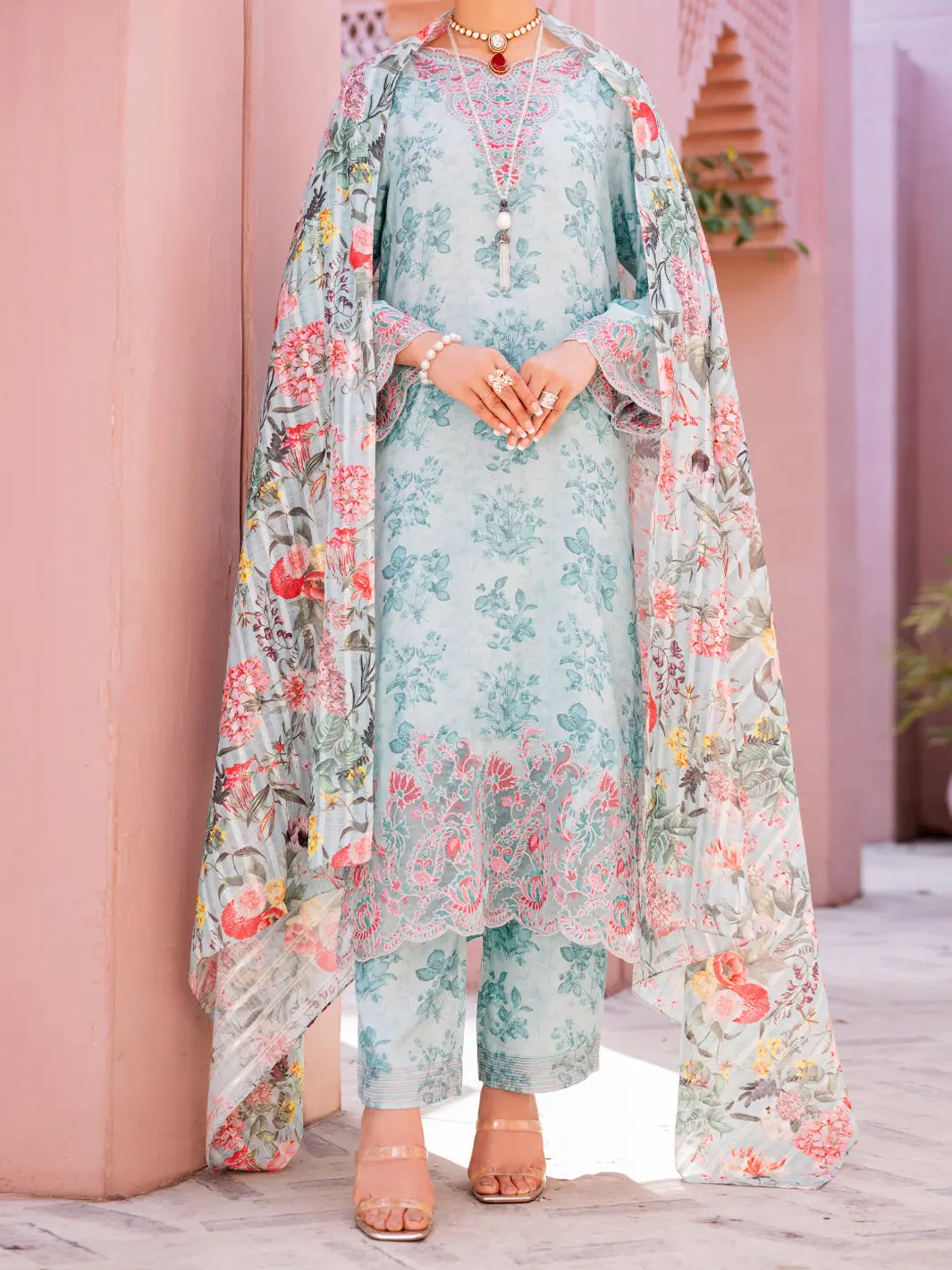 Aqua Blue Maple Silk 3Pc Unstitched - Alp-3Ps-1914 1