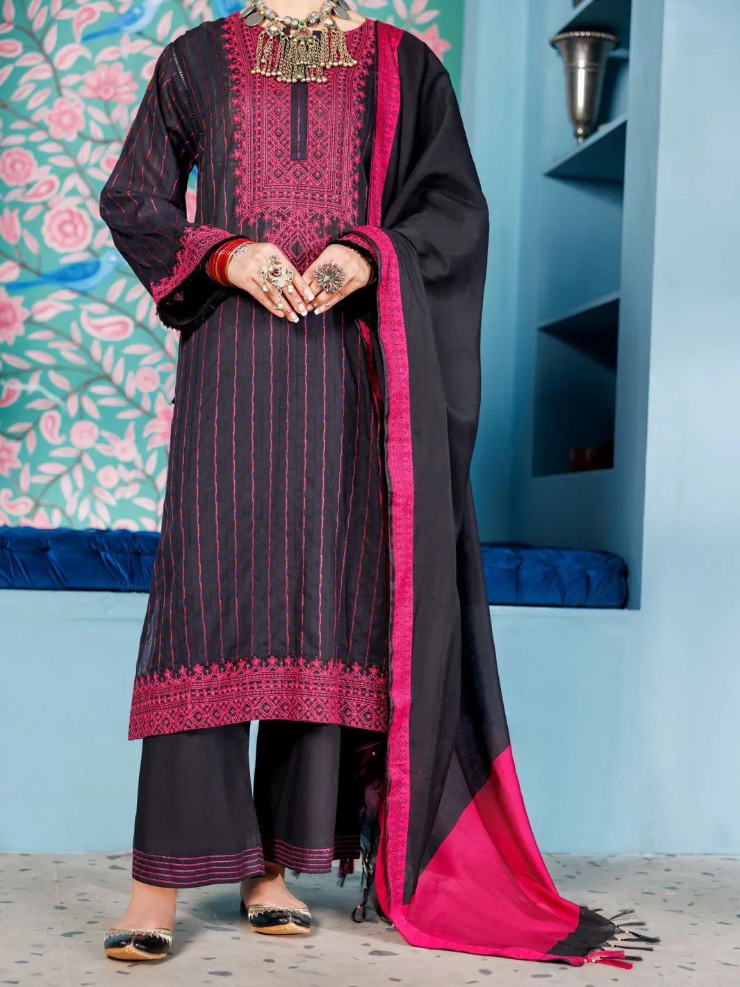 Black Lino Kara 3Pc Unstitched - Alp-3Ps-1923 1
