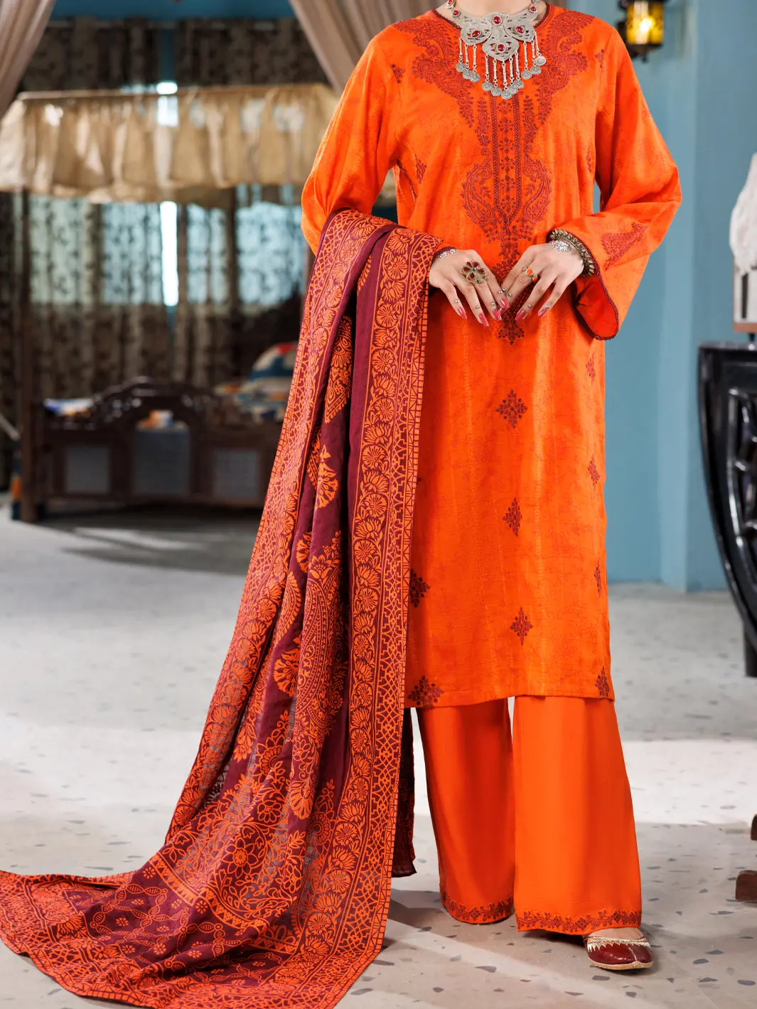 Orange Cotton Dobby 3Pc Unstitched - Alp-3Ps-1924 1