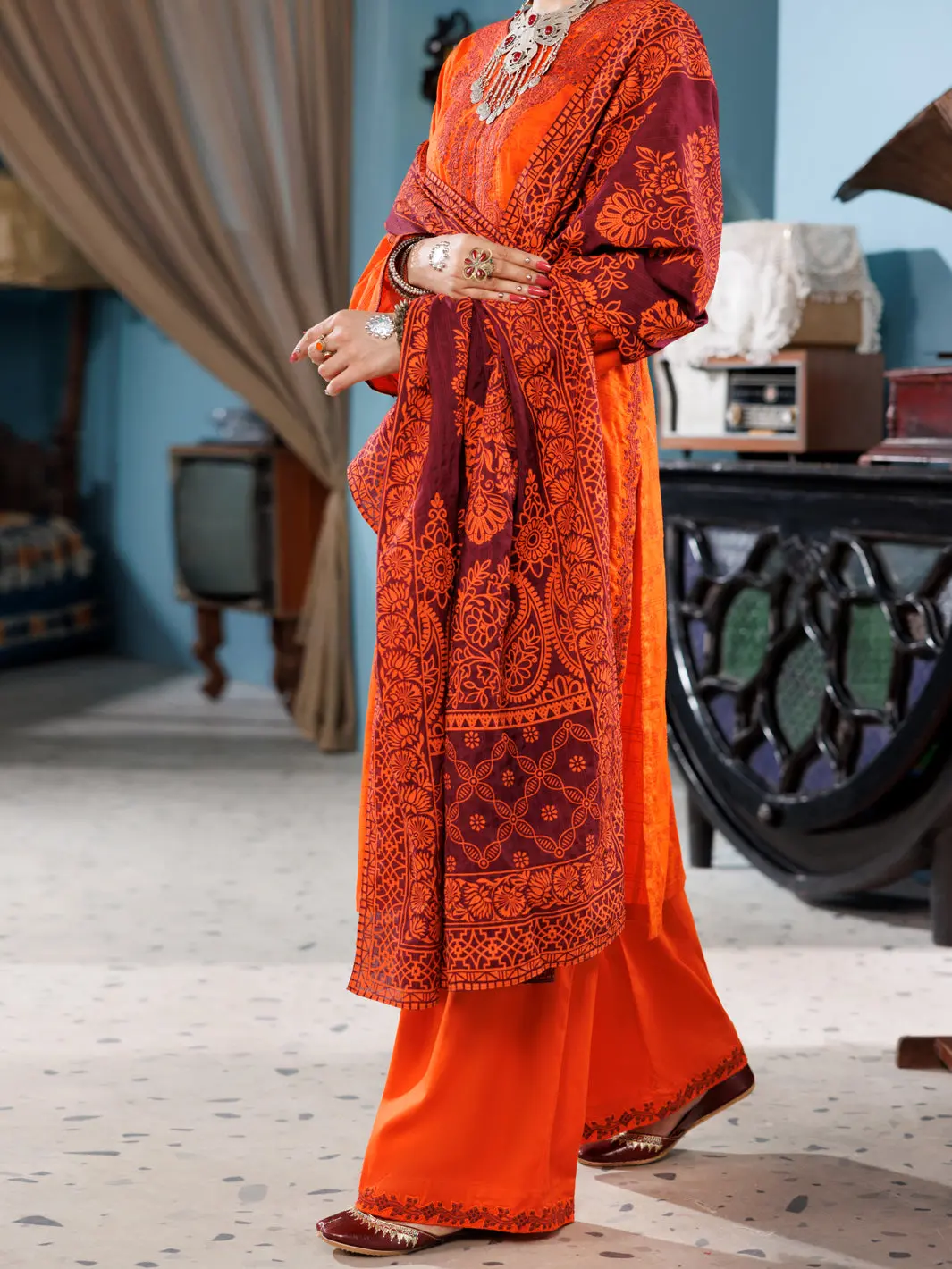 Orange Cotton Dobby 3Pc Stitched - Alp-3Ps-1924 1