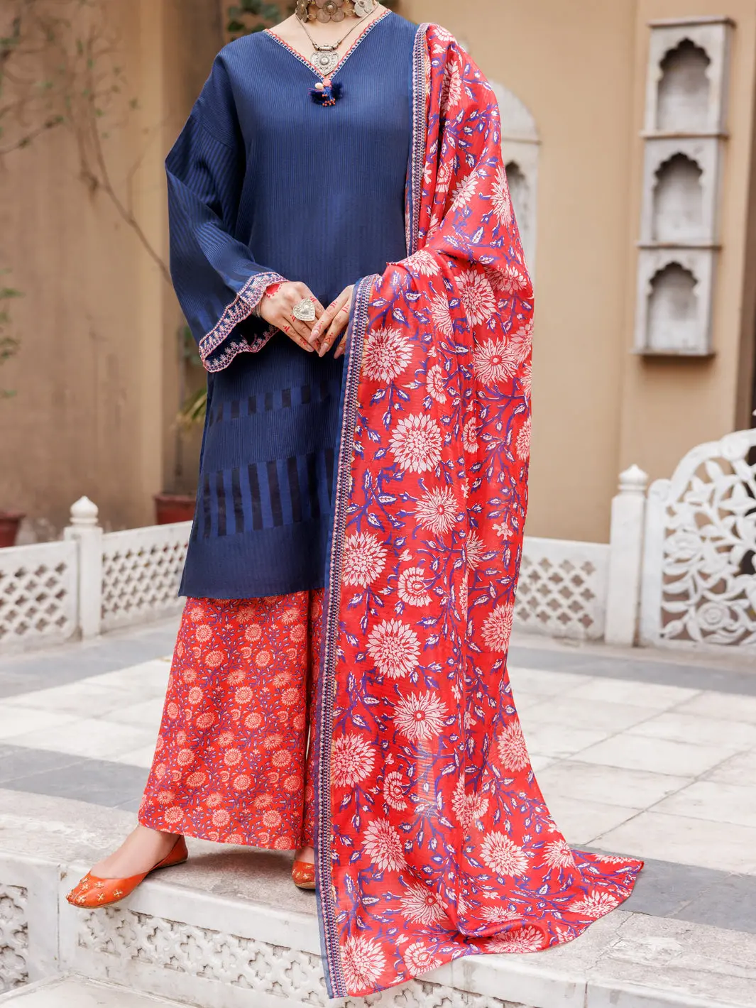 Blue Yarn Dyed 3Pc Unstitched - Alp-3Ps-1932 1